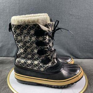 Sorel 1964 Pac Graphic Winter Boots Womens 10 Black Waterproof Fur Snow Duck Boo
